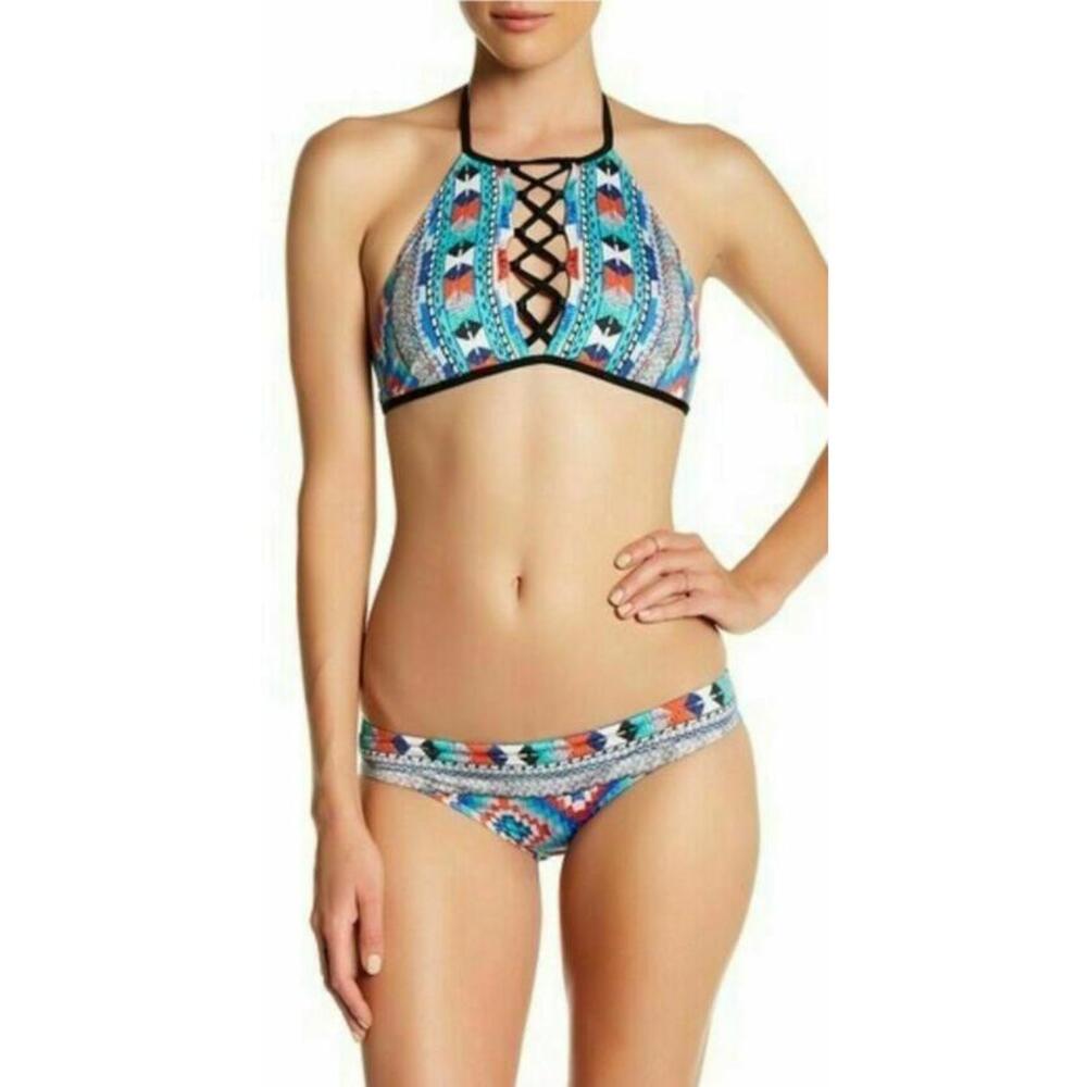 JETS by Jessika Allen Aztec Printed  tie strap  Bikini top Sz 14  $178 NEW